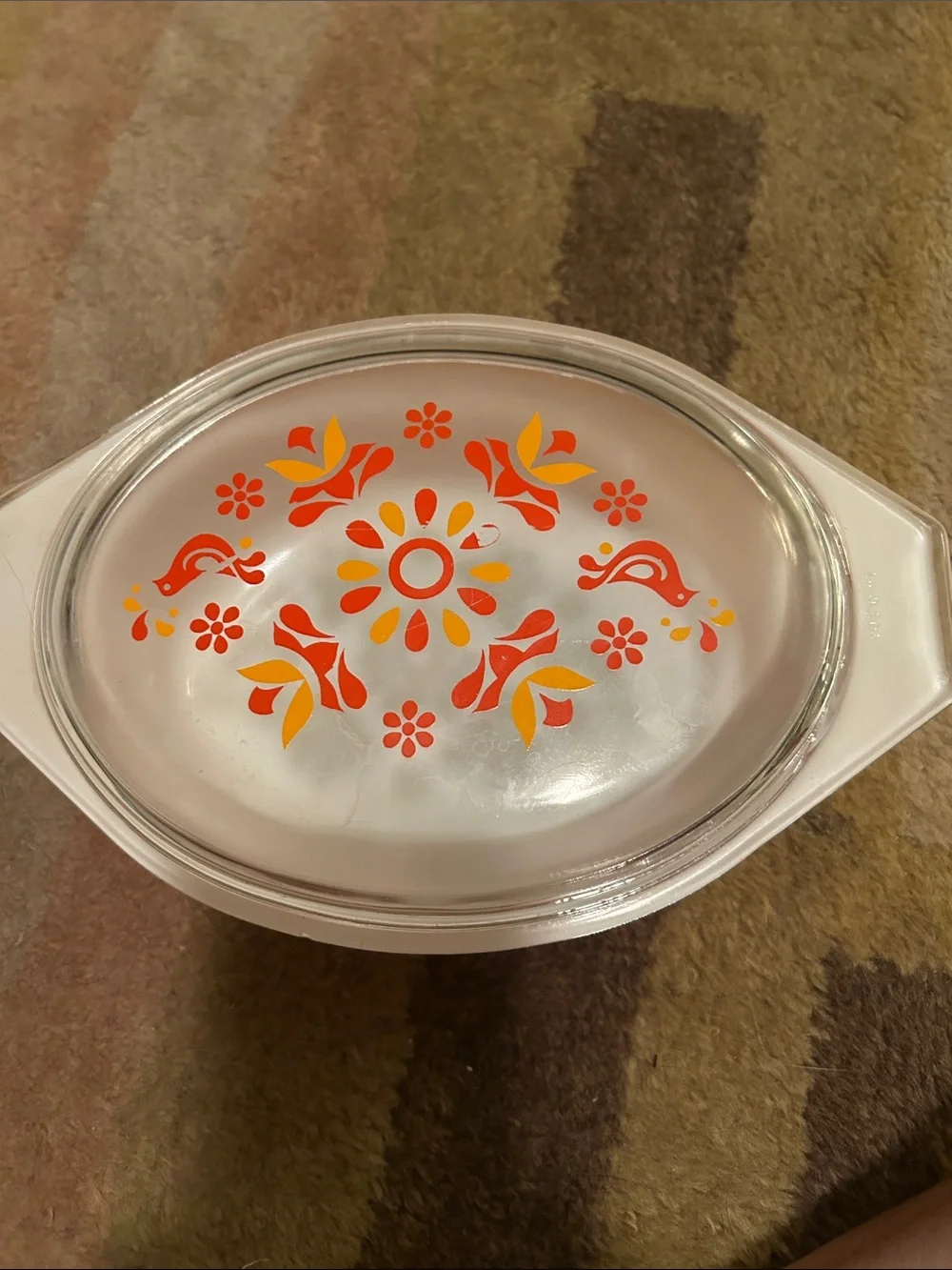 Vintage  pyrex Glass  Casserole Dish with Orange & Yellow Floral Design